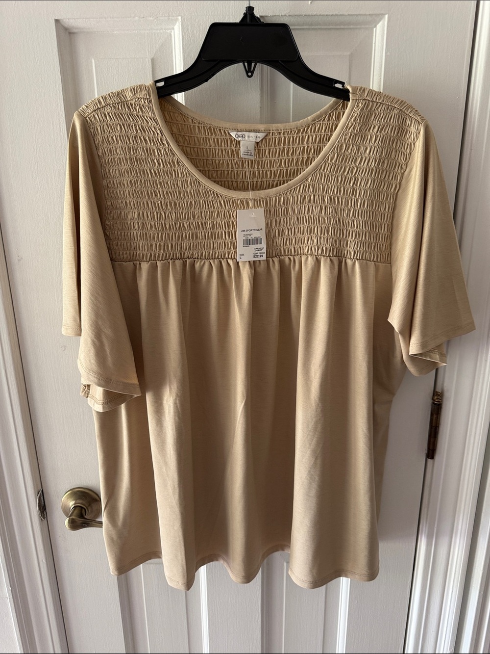 Cato Beige Smocked Yoke Short Sleeve Tunic